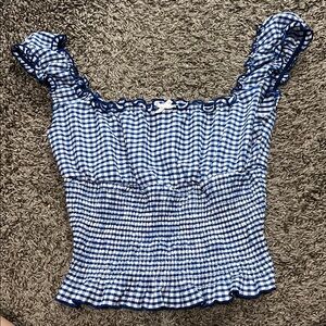 Blue Gingham Ruffle Trim Top